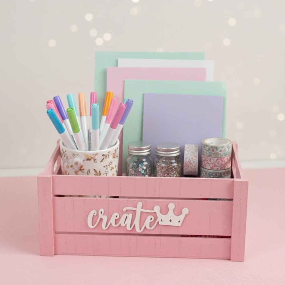 Pink Wooden Crate Organizer